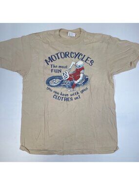 Vintage Hanes Ames Cycles Iowa T-Shirt XL Made in USA Single Stitch Tan 50/50